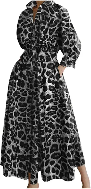 Plus Size Dresses for Curvy Women Long Sleeve Leopard Print Empire Waist Button Up Maxi Dress Causal Ruffle Dresses