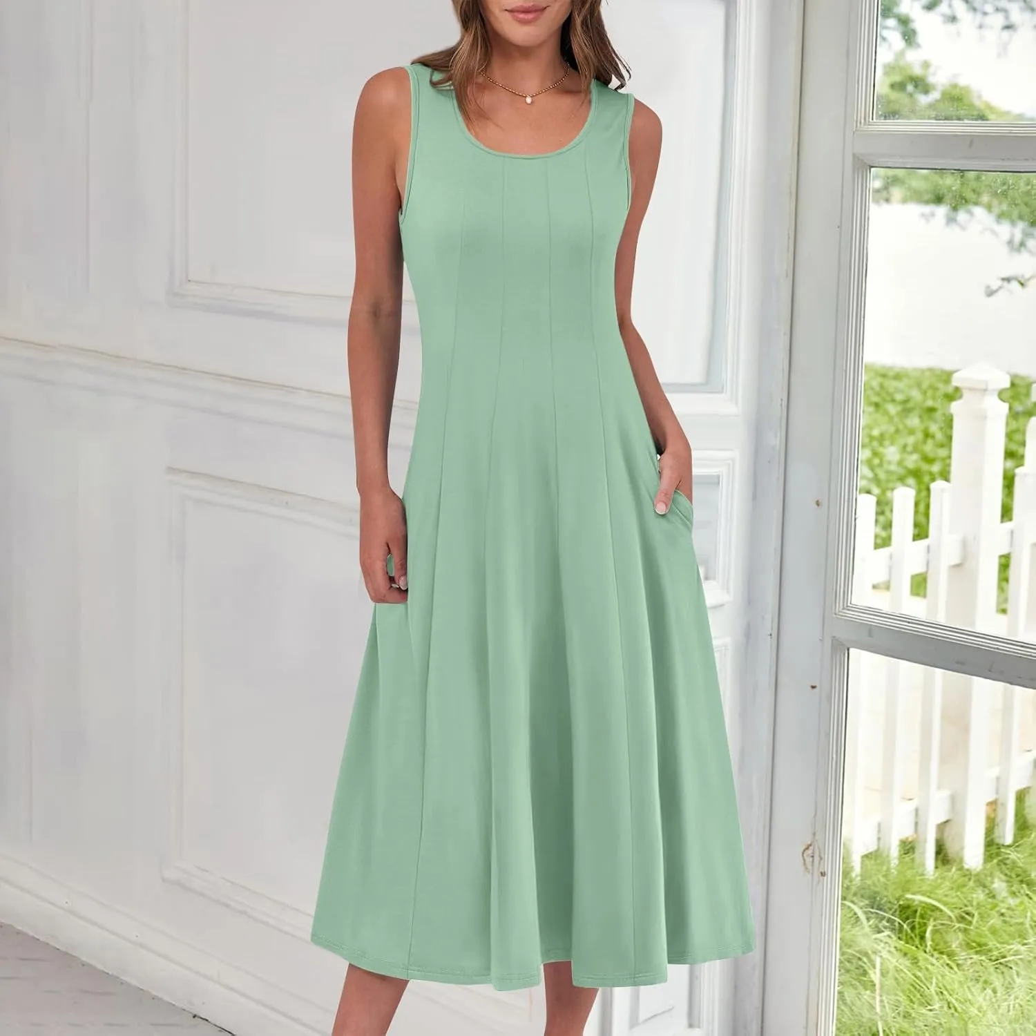 Plus Size Dresses for Curvy Women Summer Midi Sleeveless Pleated Dresses Crew Neck Club A Line Dress with Pocket