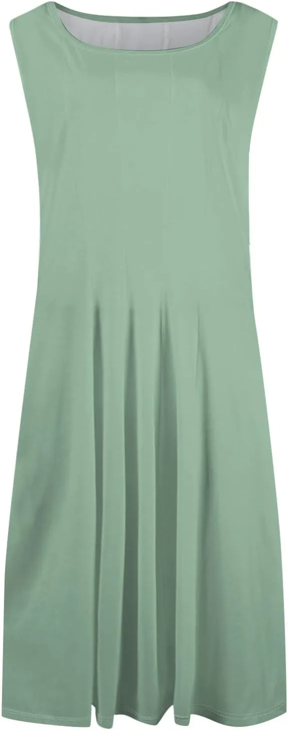 Plus Size Dresses for Curvy Women Summer Midi Sleeveless Pleated Dresses Crew Neck Club A Line Dress with Pocket
