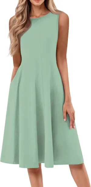 Plus Size Dresses for Curvy Women Summer Midi Sleeveless Pleated Dresses Crew Neck Club A Line Dress with Pocket