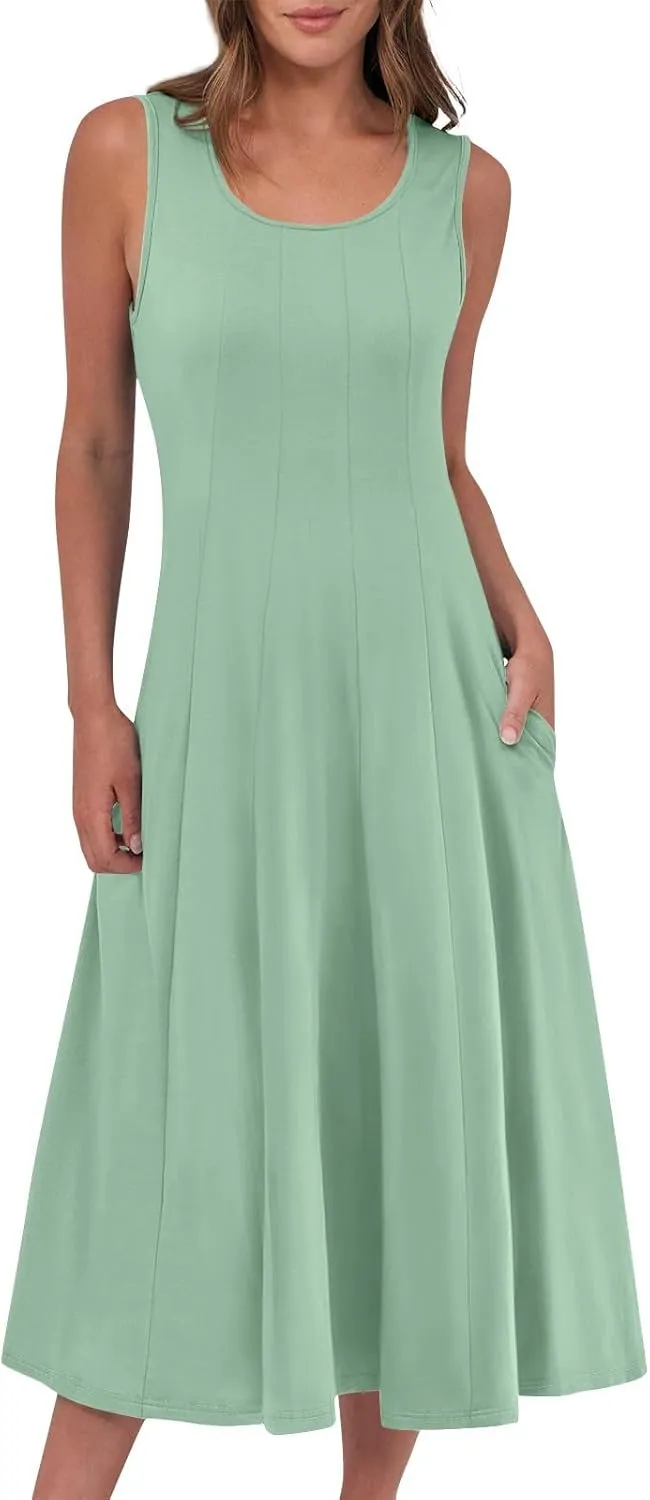 Plus Size Dresses for Curvy Women Summer Midi Sleeveless Pleated Dresses Crew Neck Club A Line Dress with Pocket