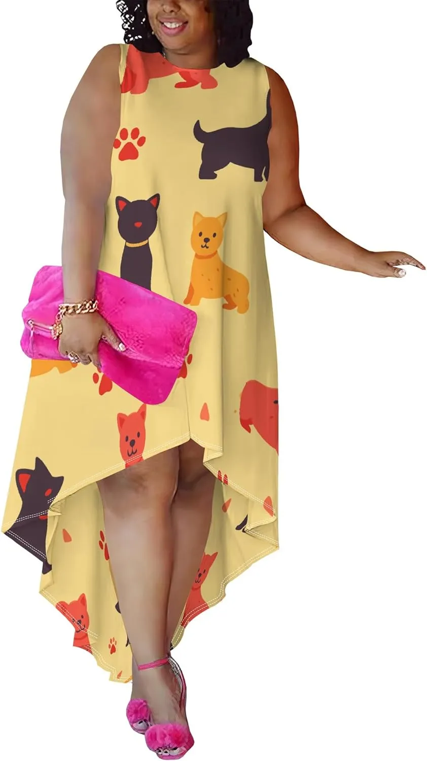 Plus Size Midi Dress for Women Casual Sleeveless Sundress High Low Asymmetrical Hem Tank Dresses Beach Vacation Dress