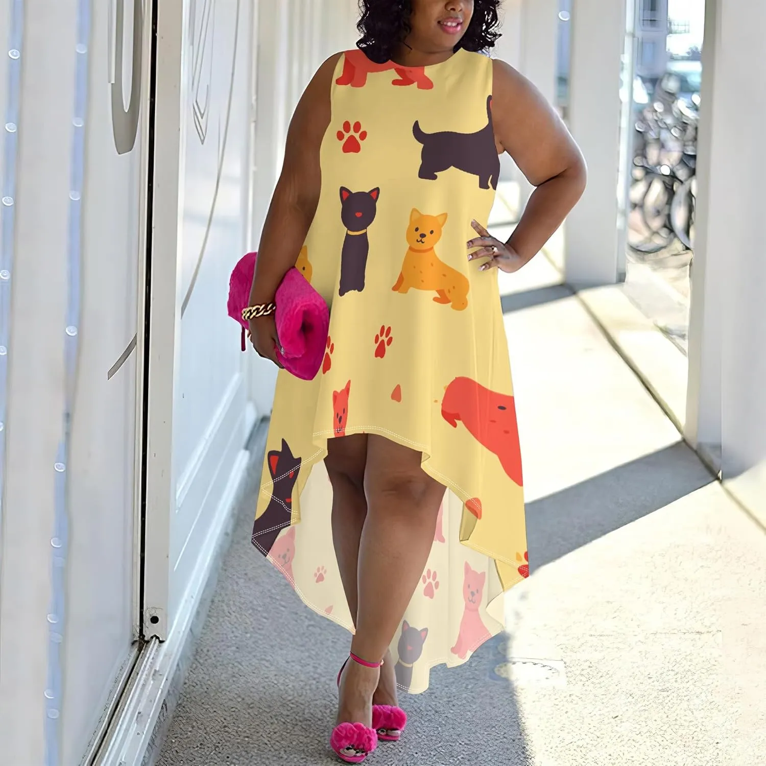 Plus Size Midi Dress for Women Casual Sleeveless Sundress High Low Asymmetrical Hem Tank Dresses Beach Vacation Dress