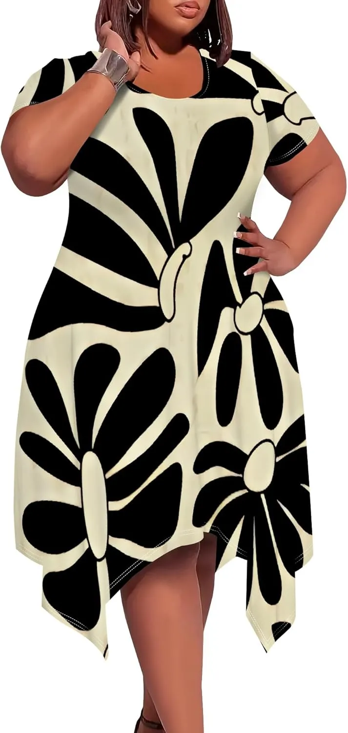 Plus Size Midi Dresses for Curvy Women Summer Casual Short Sleeve Empire Waist Dress with Pockets Travel Vacation Outfits