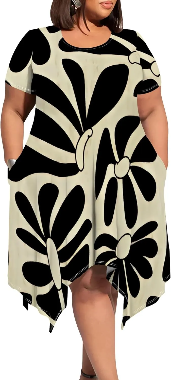 Plus Size Midi Dresses for Curvy Women Summer Casual Short Sleeve Empire Waist Dress with Pockets Travel Vacation Outfits