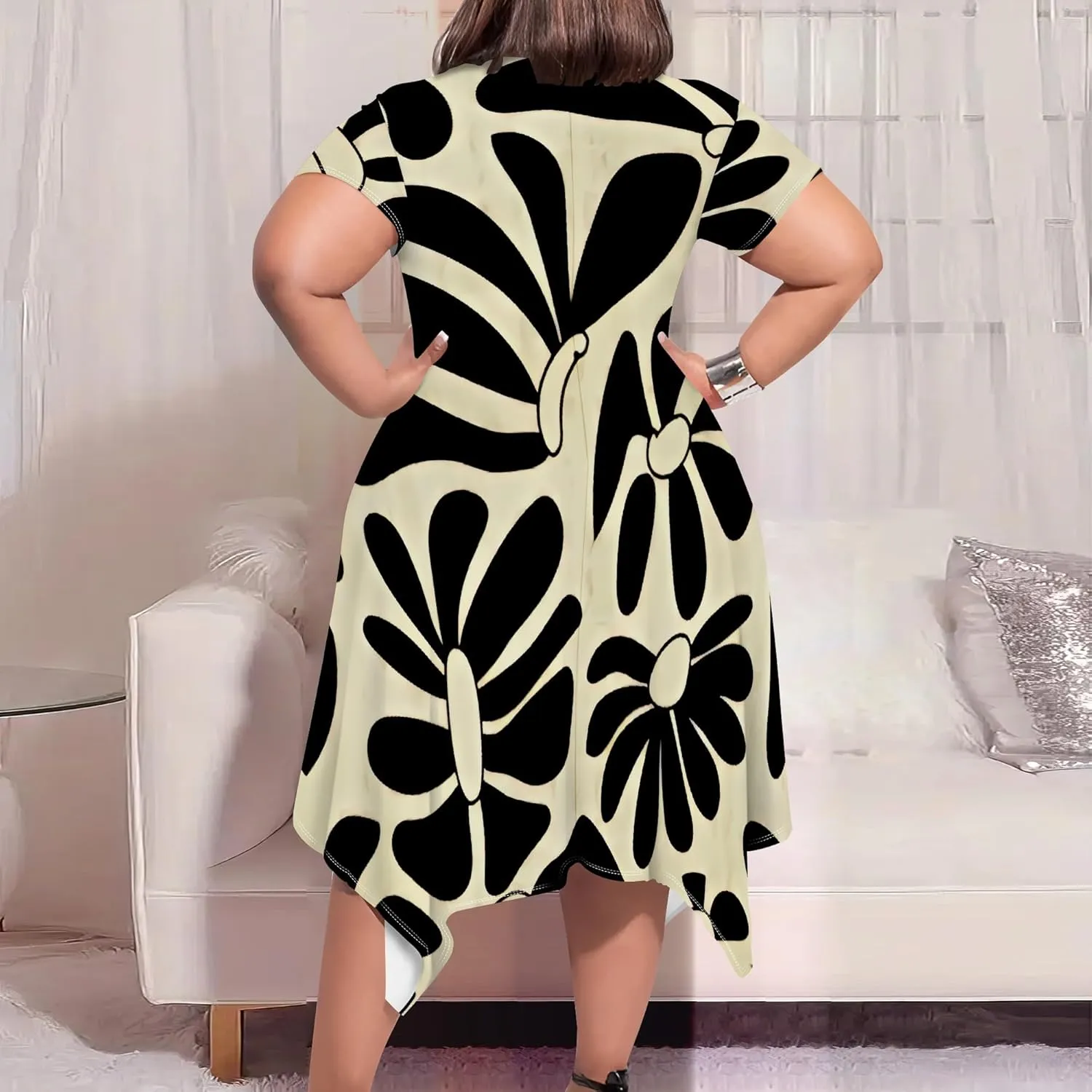 Plus Size Midi Dresses for Curvy Women Summer Casual Short Sleeve Empire Waist Dress with Pockets Travel Vacation Outfits