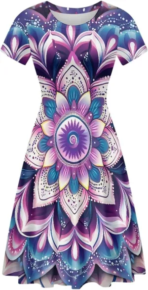 POLERO Sunflower Dress for Women Floral Summer Dresses Short Sleeve Casual Sundresses Midi Dresses