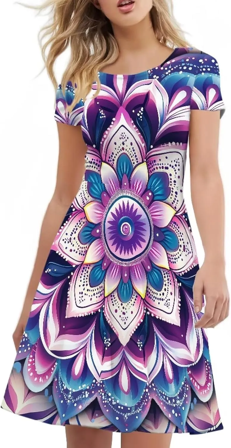 POLERO Sunflower Dress for Women Floral Summer Dresses Short Sleeve Casual Sundresses Midi Dresses