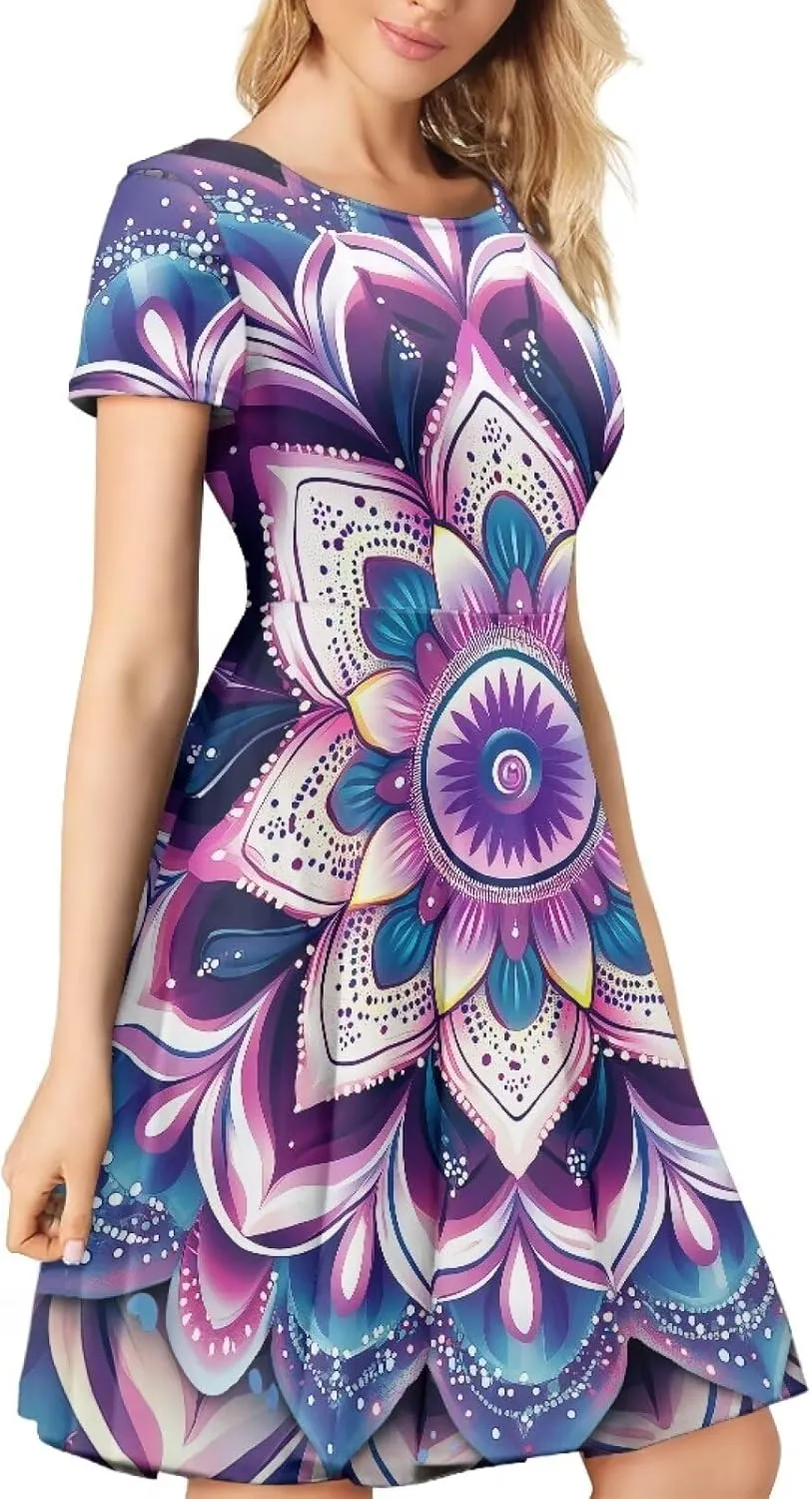 POLERO Sunflower Dress for Women Floral Summer Dresses Short Sleeve Casual Sundresses Midi Dresses