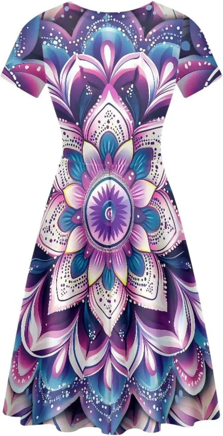 POLERO Sunflower Dress for Women Floral Summer Dresses Short Sleeve Casual Sundresses Midi Dresses