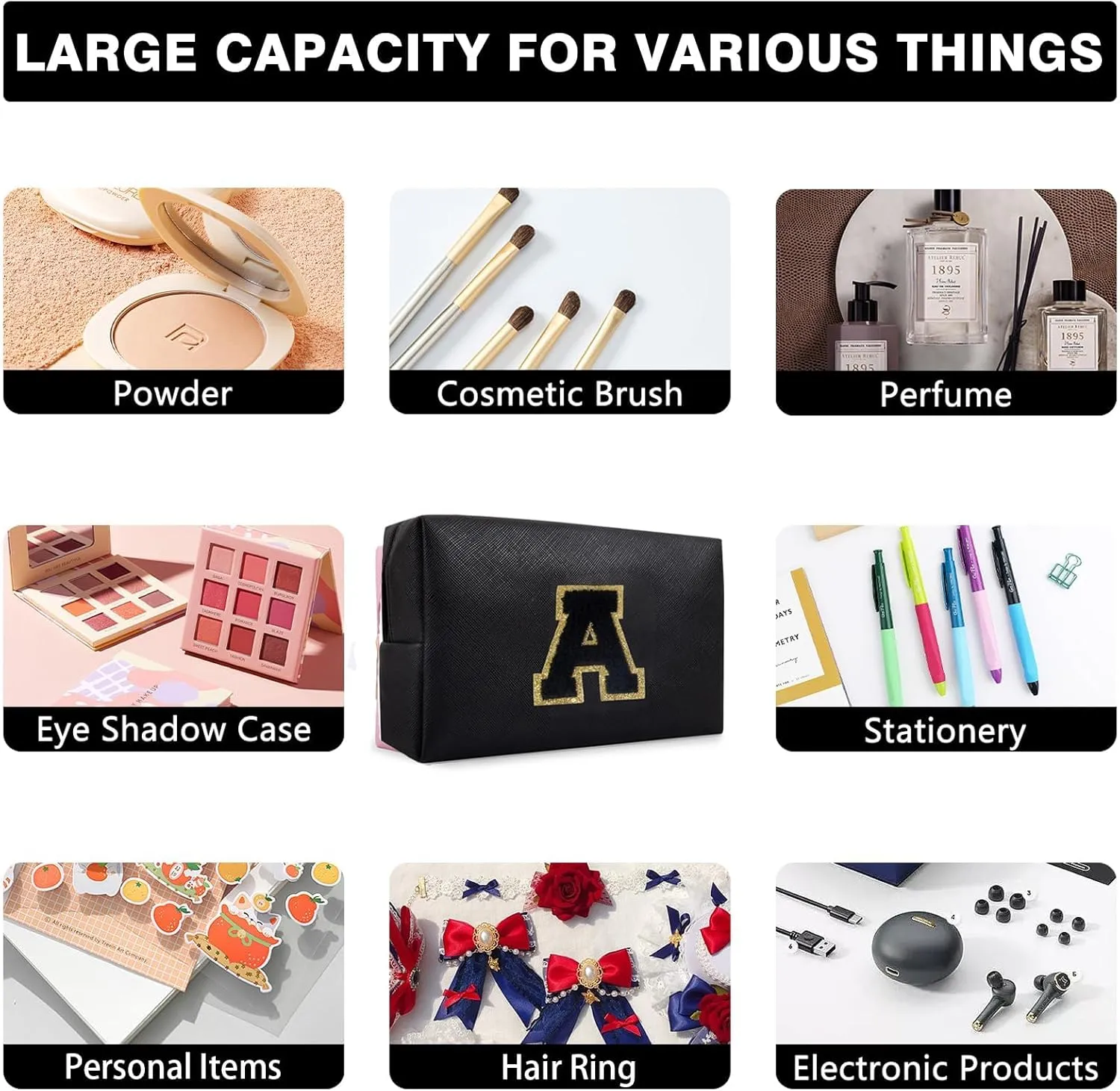 Preppy Makeup Bag for Travel,Initial Cosmetic Bag with Zipper Portable Toiletries,Initial Makeup Bag Pouch Accessories Brushes Capacity Waterproof