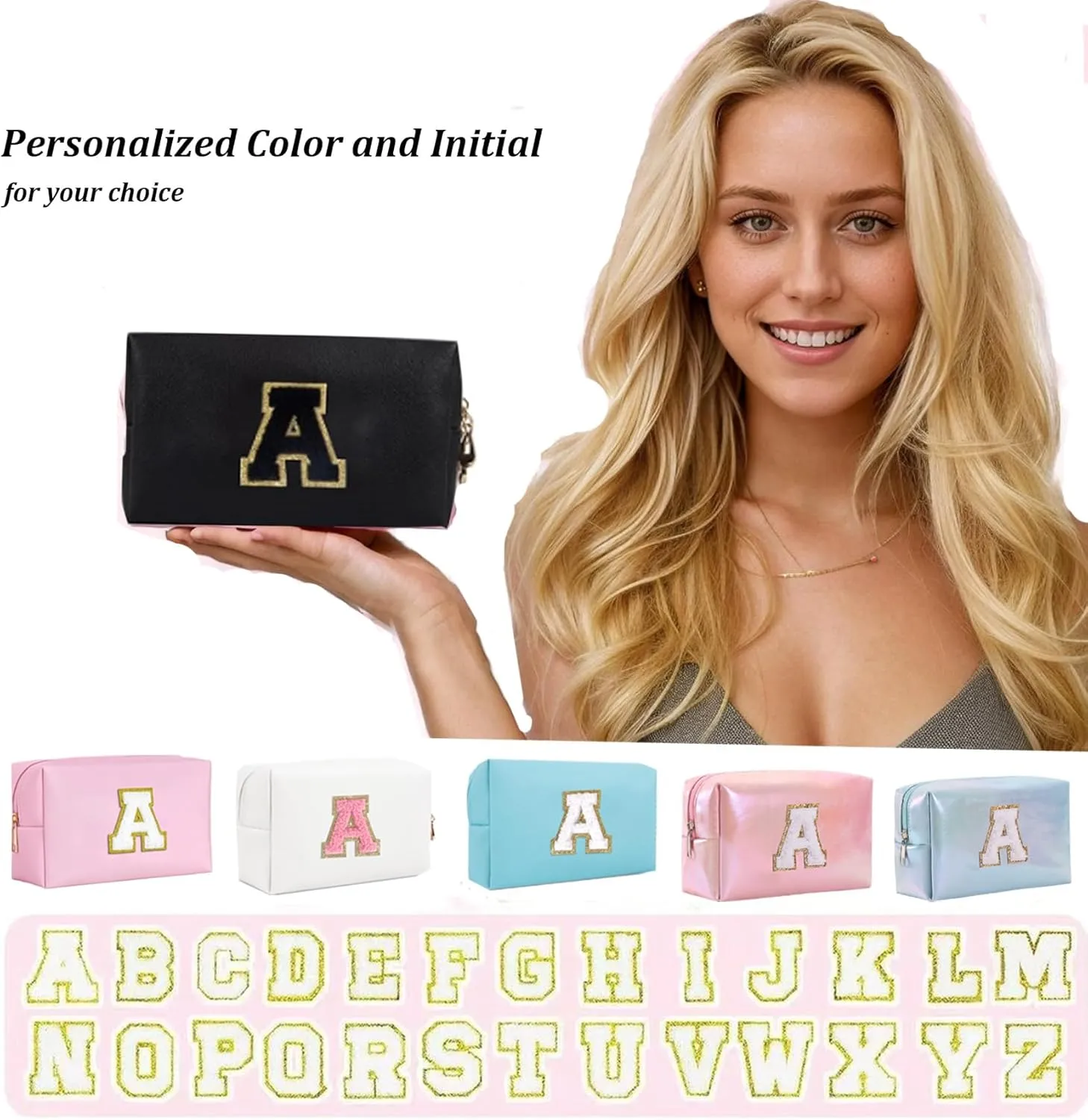 Preppy Makeup Bag for Travel,Initial Cosmetic Bag with Zipper Portable Toiletries,Initial Makeup Bag Pouch Accessories Brushes Capacity Waterproof