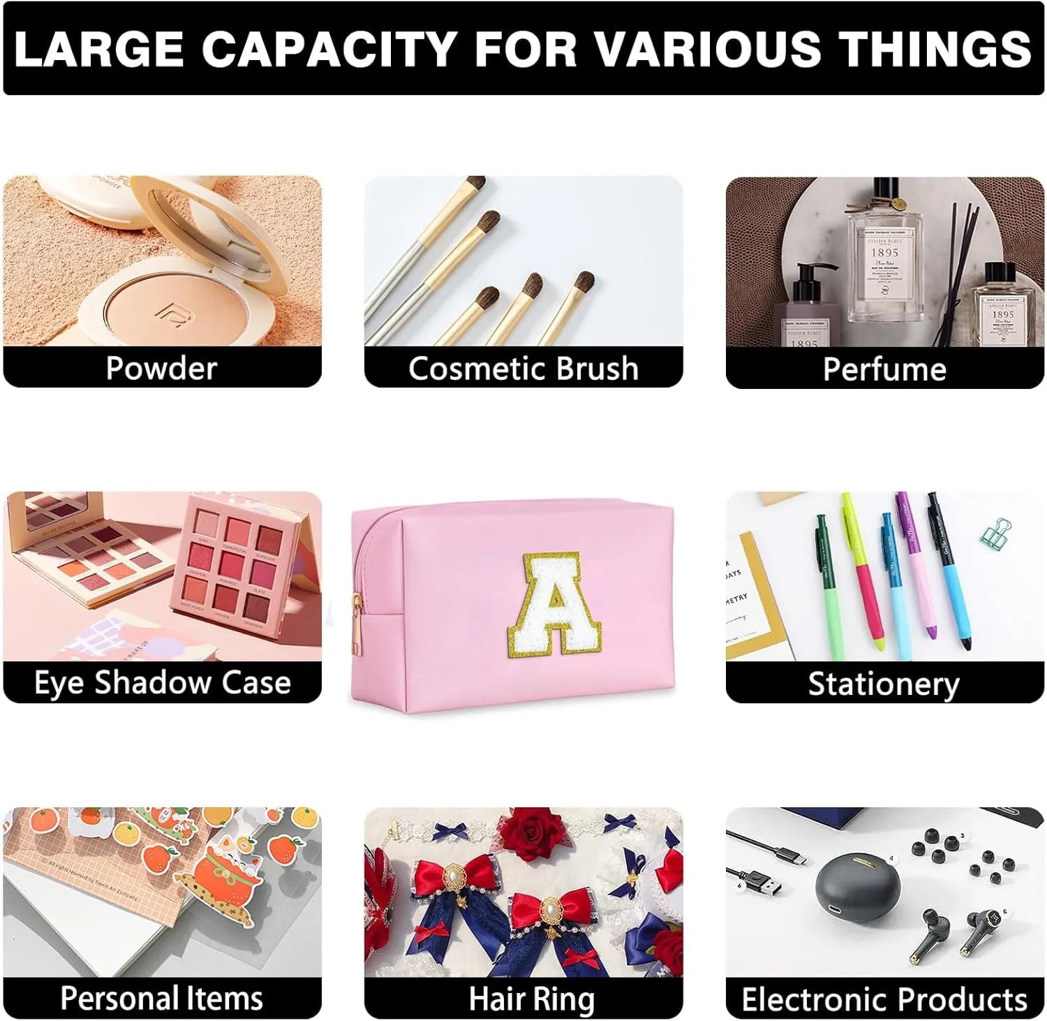 Preppy Makeup Bag for Travel,Initial Cosmetic Bag with Zipper Portable Toiletries,Initial Makeup Bag Pouch Accessories Brushes Capacity Waterproof