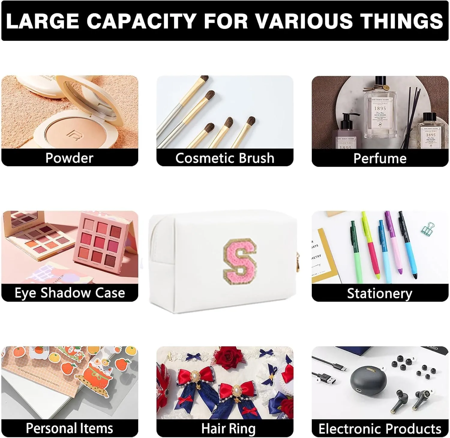 Preppy Makeup Bag for Travel,Initial Cosmetic Bag with Zipper Portable Toiletries,Initial Makeup Bag Pouch Accessories Brushes Capacity Waterproof