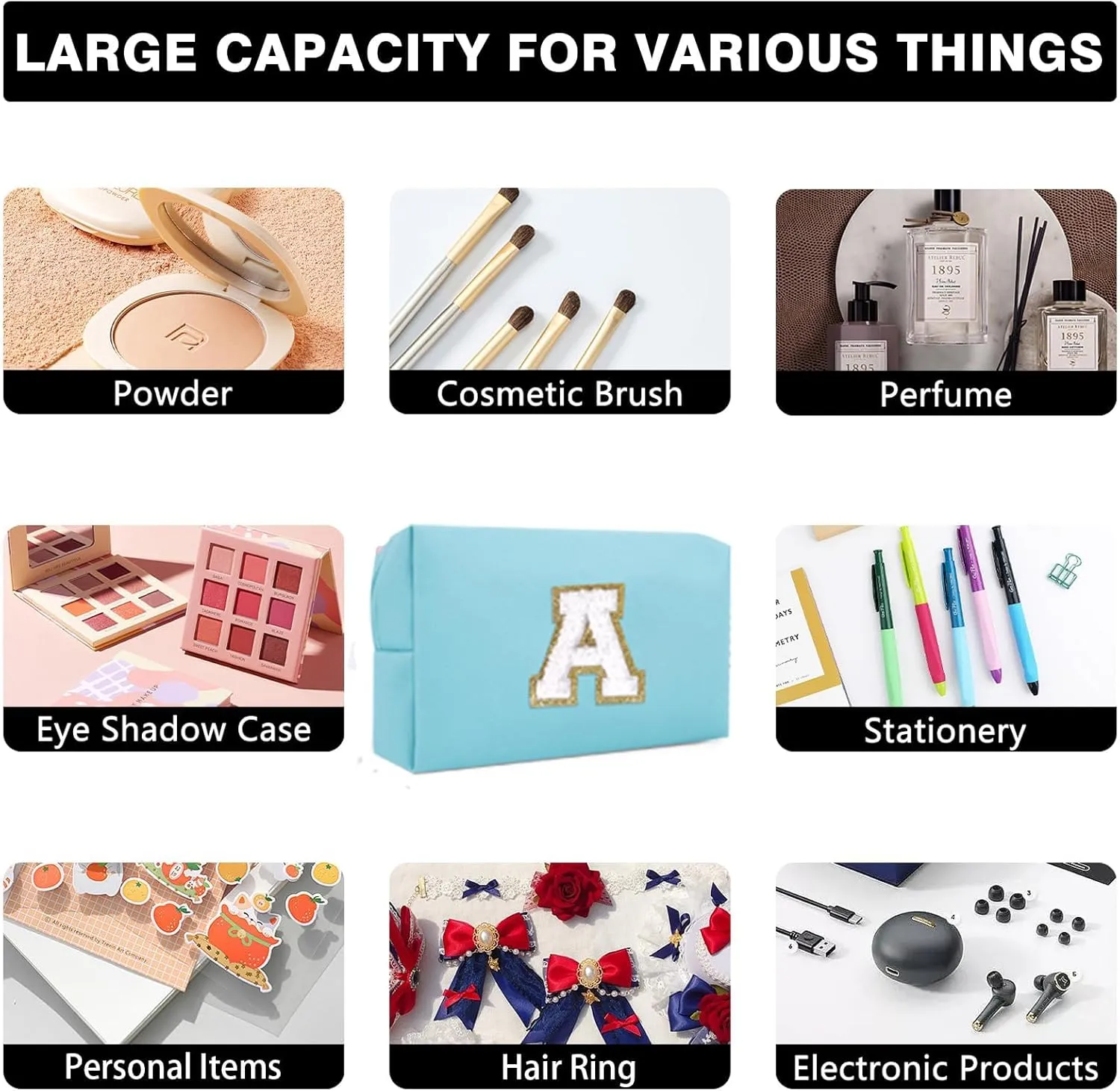Preppy Makeup Bag for Travel,Initial Cosmetic Bag with Zipper Portable Toiletries,Initial Makeup Bag Pouch Accessories Brushes Capacity Waterproof