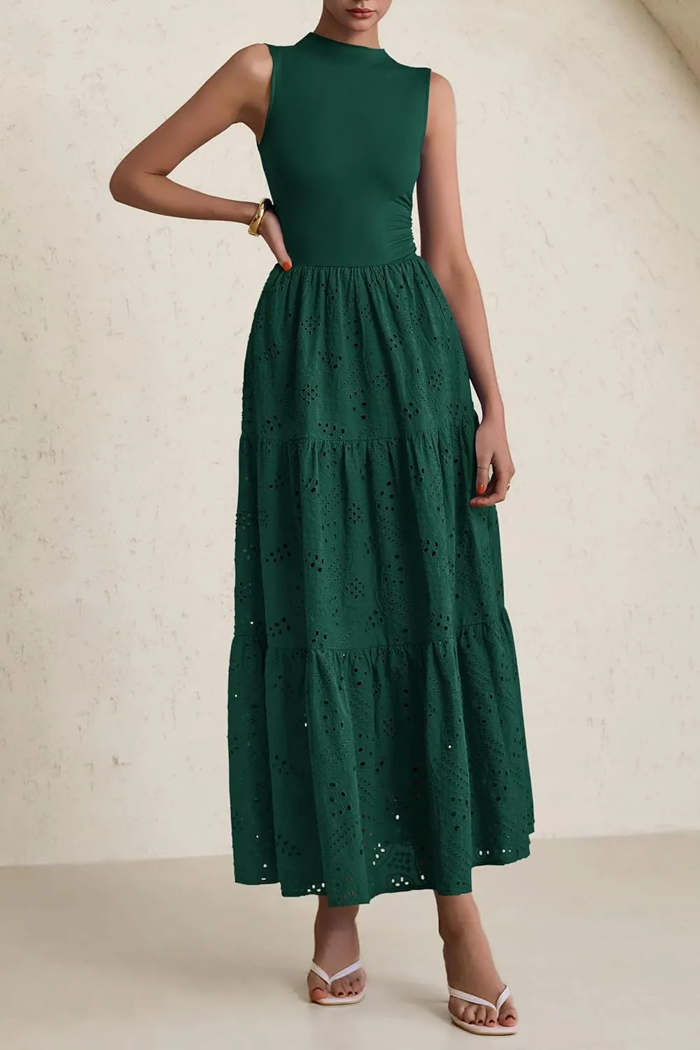 PRETTYGARDEN Summer Dresses for Women 2025 Casual Eyelet Sleeveless Wedding Guest Maxi Dress Tank Top Sundress with Pockets
