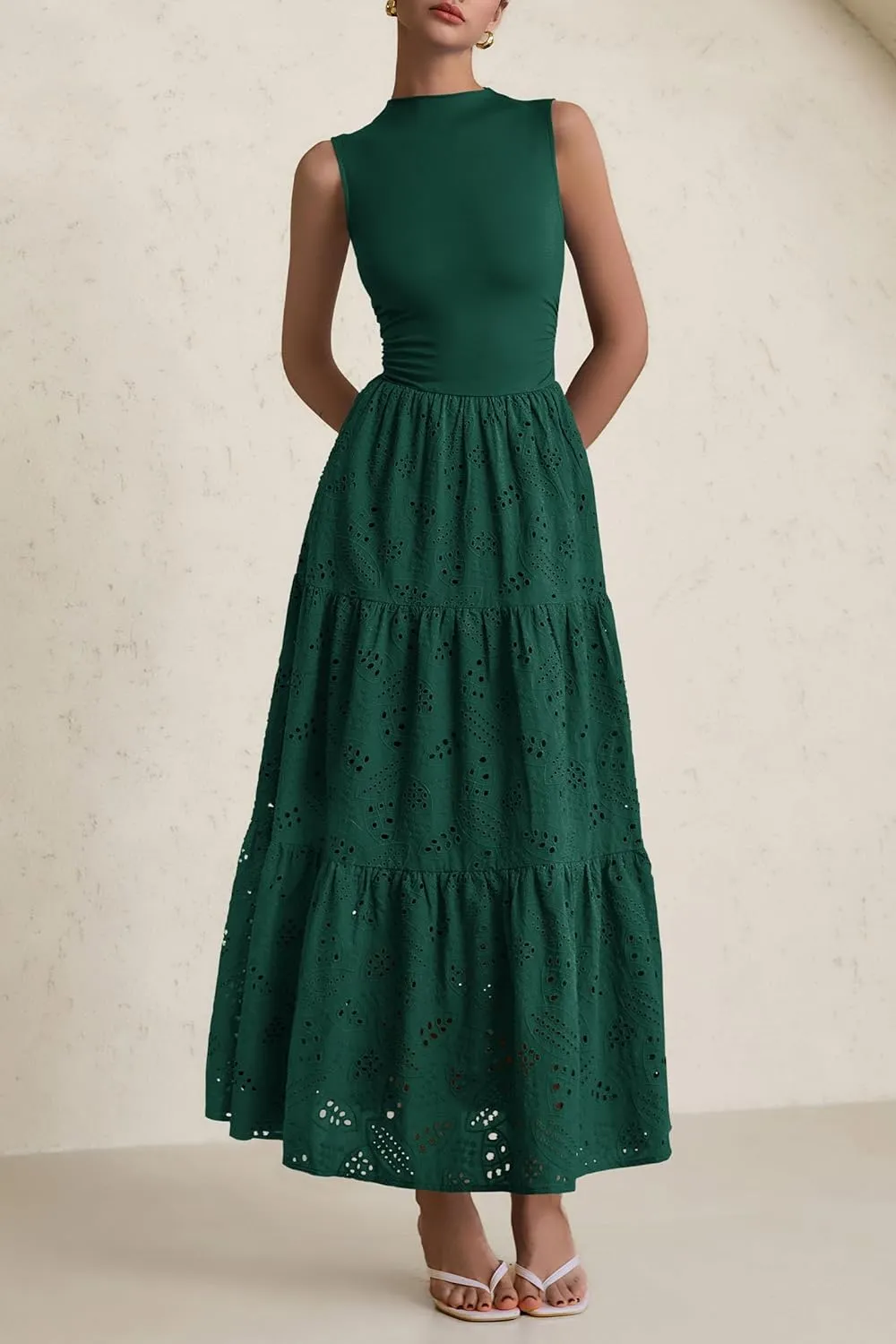 PRETTYGARDEN Summer Dresses for Women 2025 Casual Eyelet Sleeveless Wedding Guest Maxi Dress Tank Top Sundress with Pockets