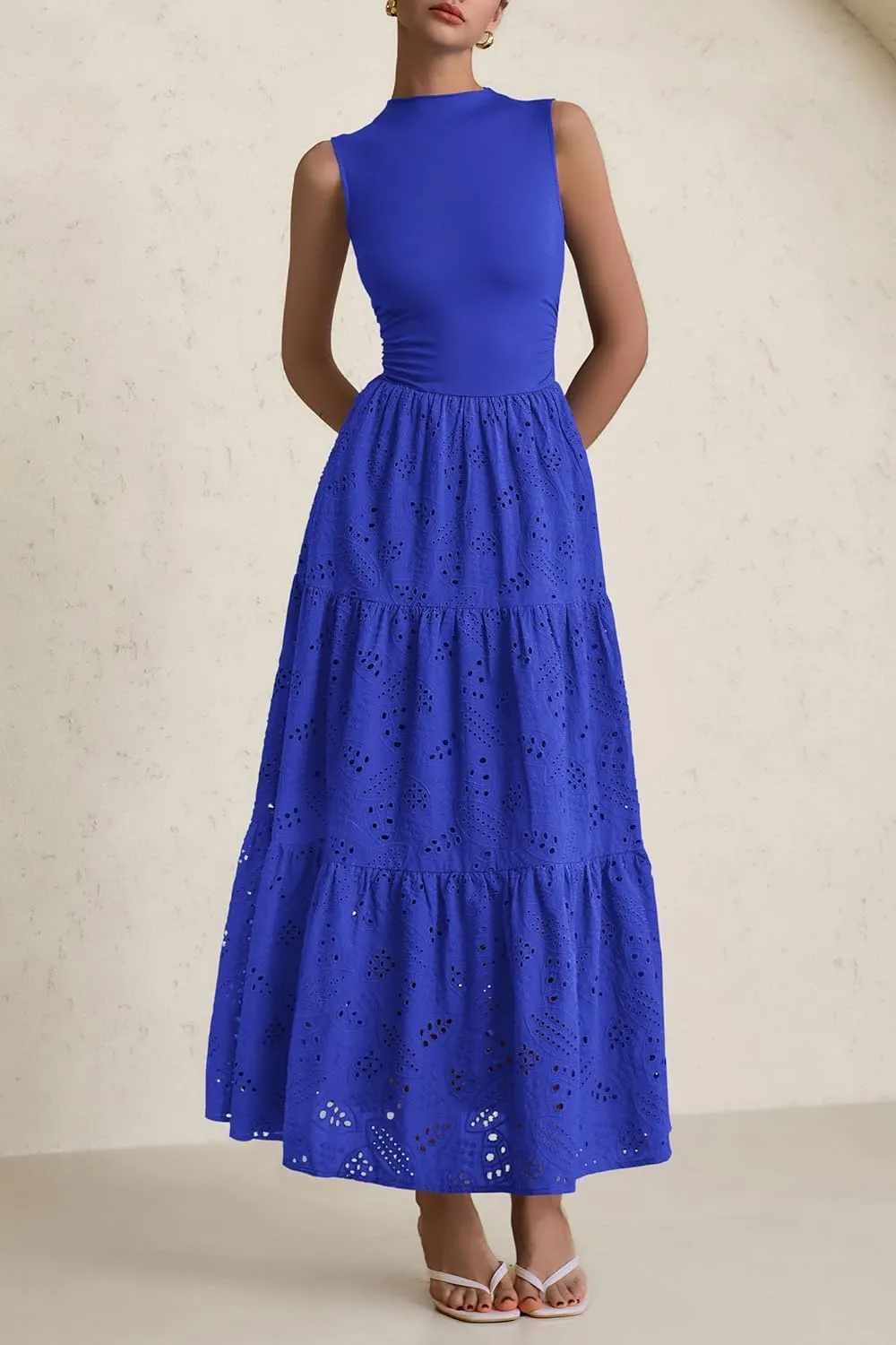 PRETTYGARDEN Summer Dresses for Women 2025 Casual Eyelet Sleeveless Wedding Guest Maxi Dress Tank Top Sundress with Pockets
