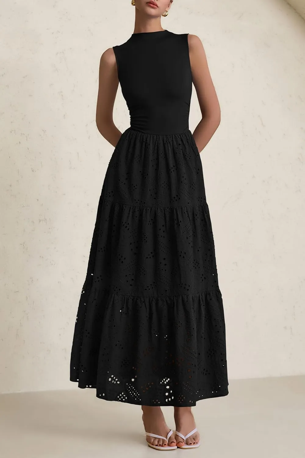 PRETTYGARDEN Summer Dresses for Women 2025 Casual Eyelet Sleeveless Wedding Guest Maxi Dress Tank Top Sundress with Pockets