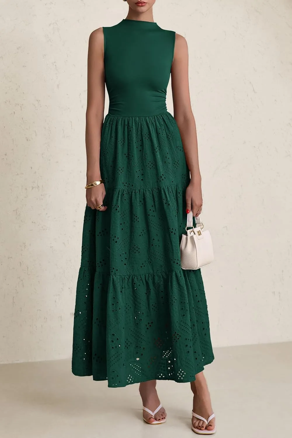 PRETTYGARDEN Summer Dresses for Women 2025 Casual Eyelet Sleeveless Wedding Guest Maxi Dress Tank Top Sundress with Pockets