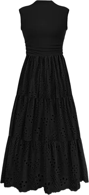 PRETTYGARDEN Summer Dresses for Women 2025 Casual Eyelet Sleeveless Wedding Guest Maxi Dress Tank Top Sundress with Pockets