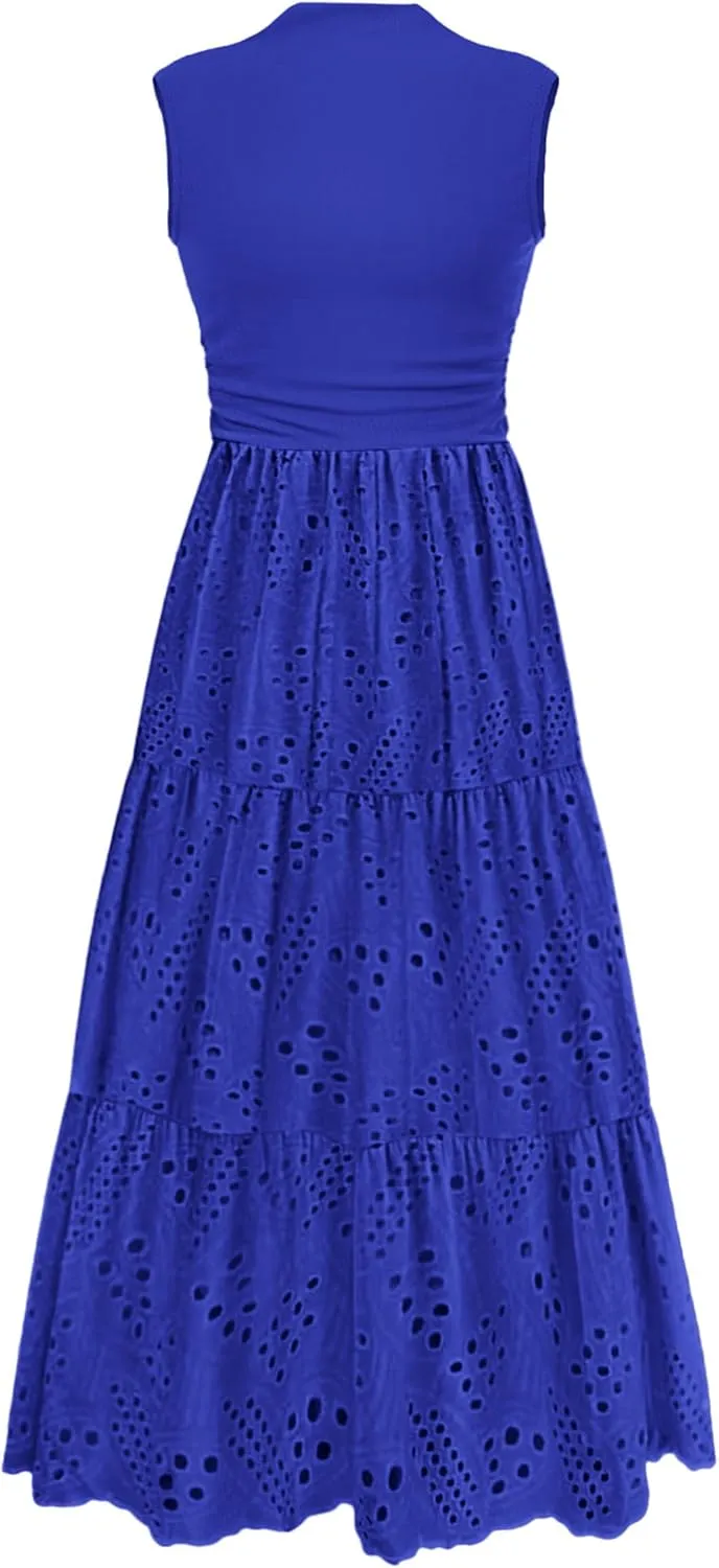 PRETTYGARDEN Summer Dresses for Women 2025 Casual Eyelet Sleeveless Wedding Guest Maxi Dress Tank Top Sundress with Pockets