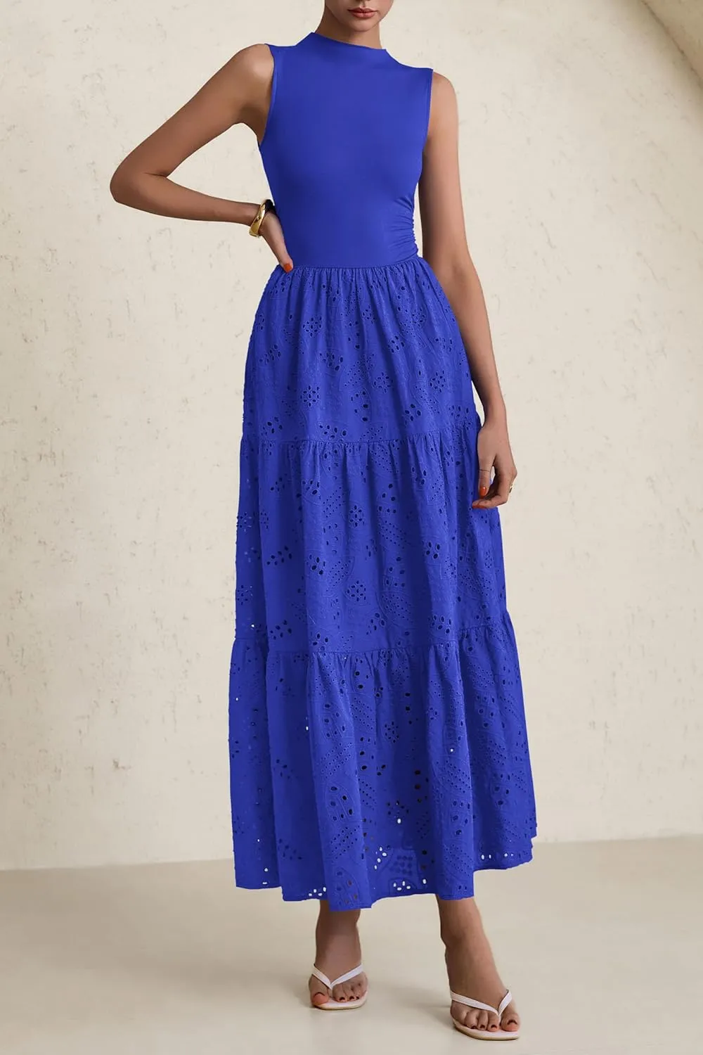 PRETTYGARDEN Summer Dresses for Women 2025 Casual Eyelet Sleeveless Wedding Guest Maxi Dress Tank Top Sundress with Pockets