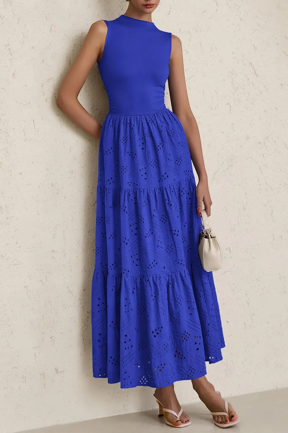 PRETTYGARDEN Summer Dresses for Women 2025 Casual Eyelet Sleeveless Wedding Guest Maxi Dress Tank Top Sundress with Pockets