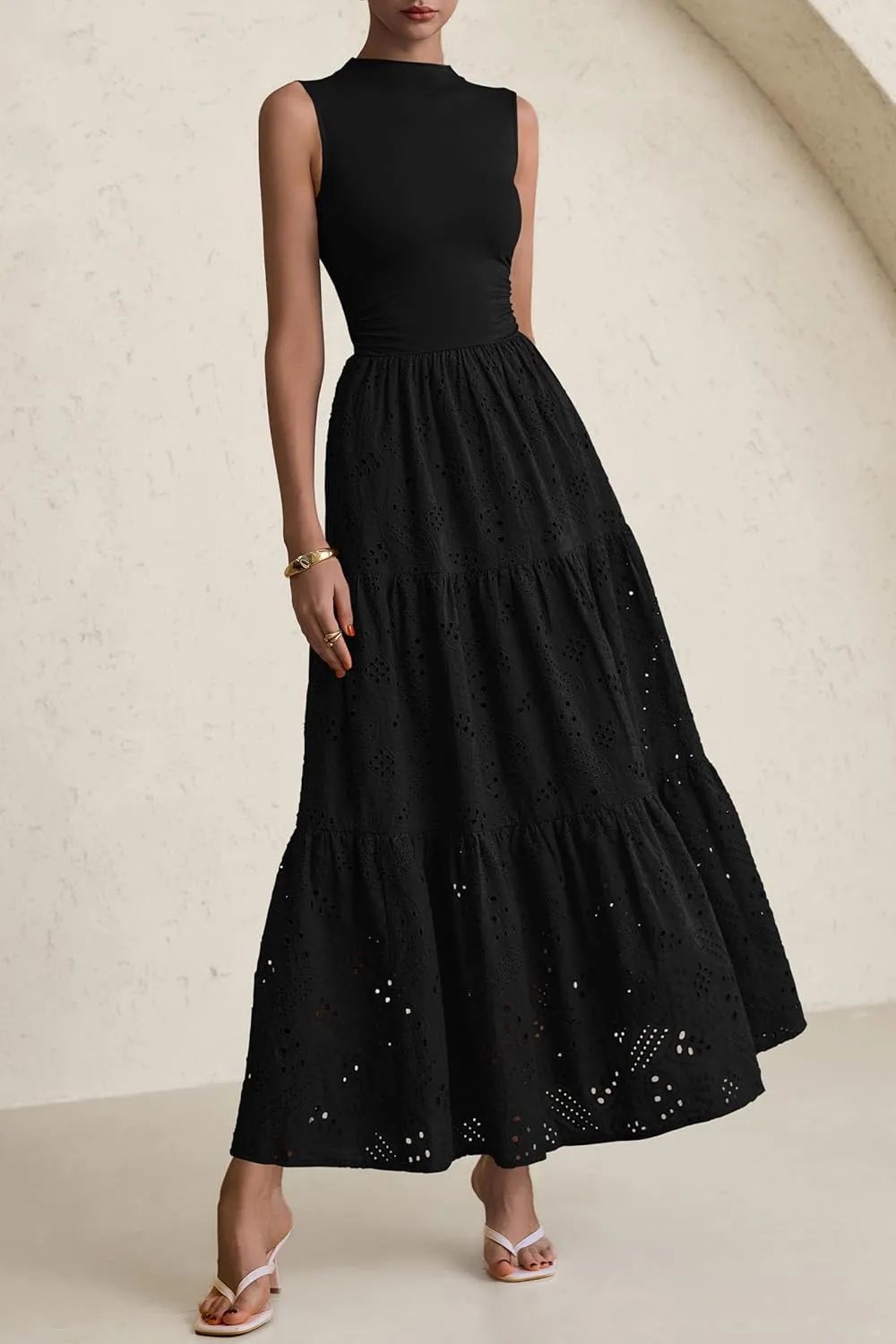PRETTYGARDEN Summer Dresses for Women 2025 Casual Eyelet Sleeveless Wedding Guest Maxi Dress Tank Top Sundress with Pockets