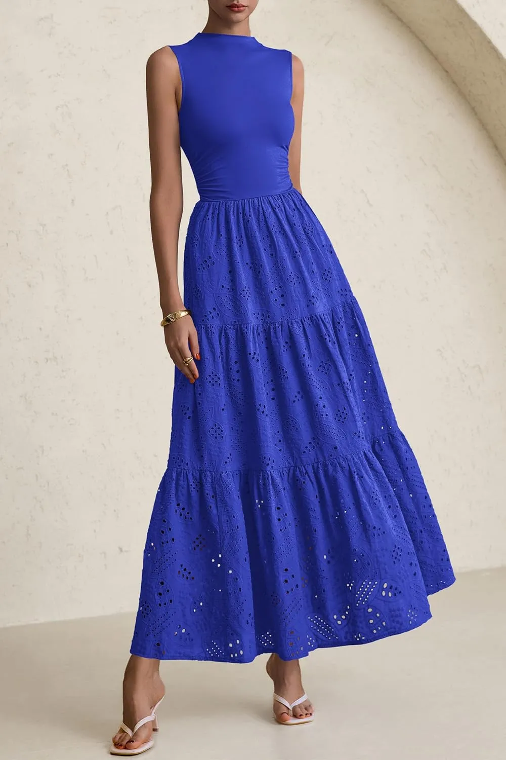 PRETTYGARDEN Summer Dresses for Women 2025 Casual Eyelet Sleeveless Wedding Guest Maxi Dress Tank Top Sundress with Pockets
