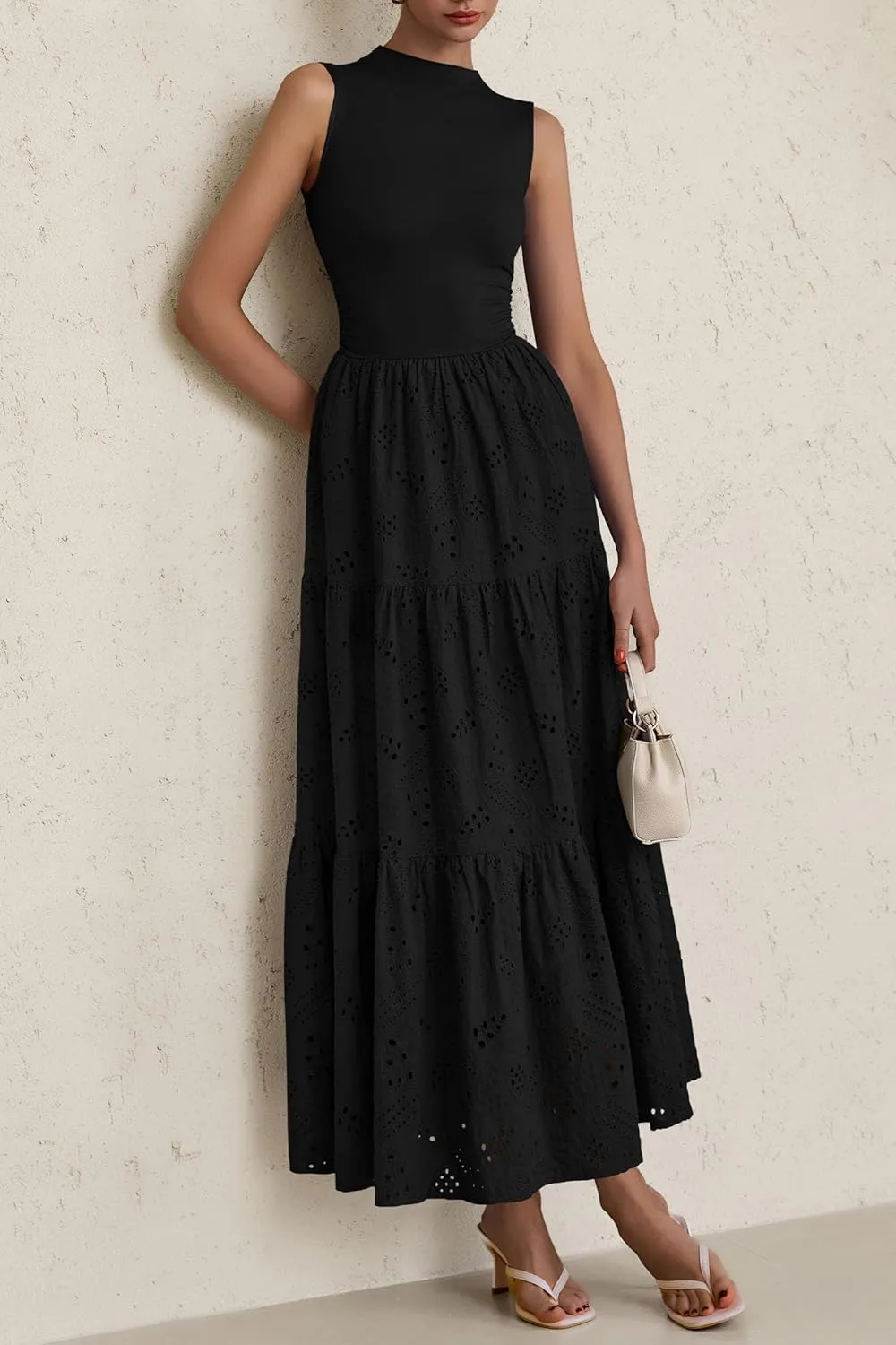 PRETTYGARDEN Summer Dresses for Women 2025 Casual Eyelet Sleeveless Wedding Guest Maxi Dress Tank Top Sundress with Pockets