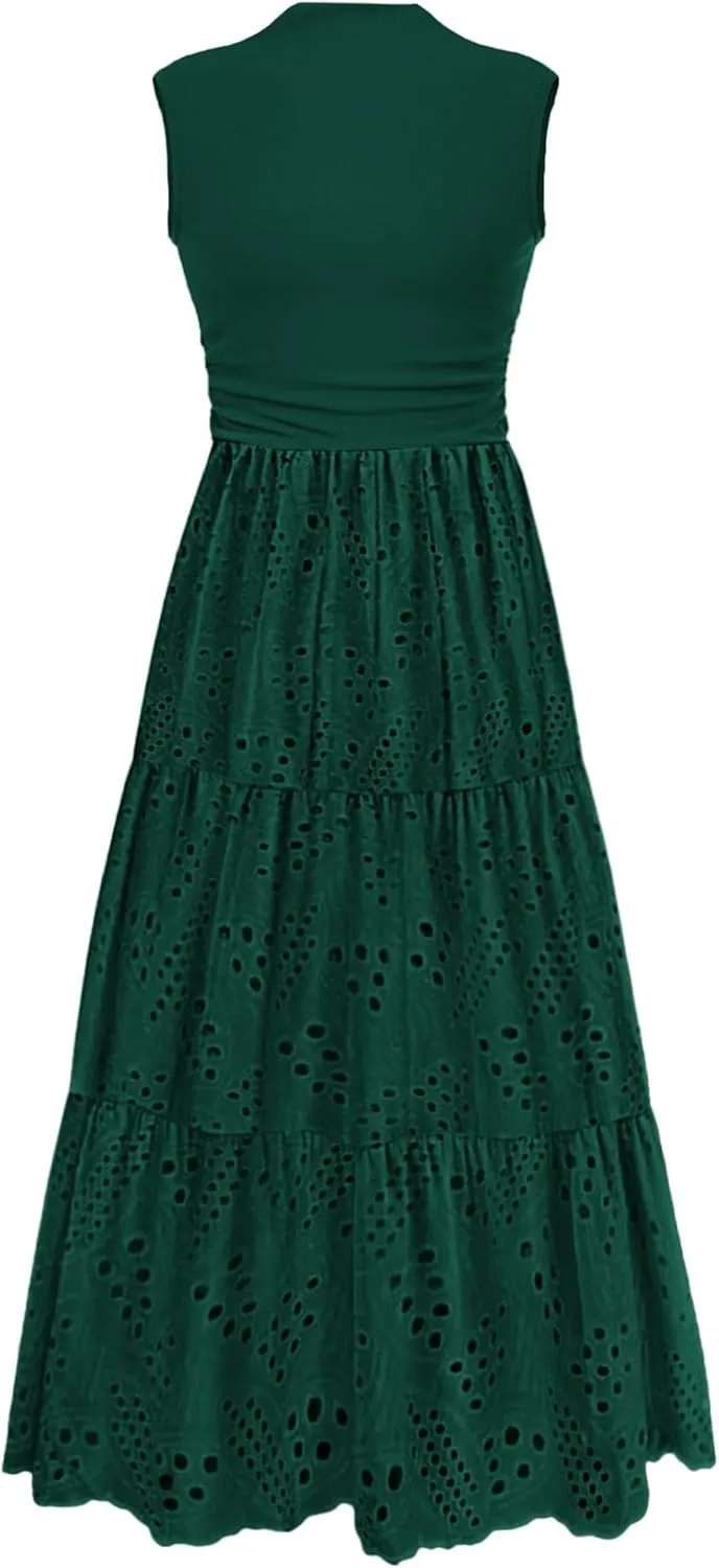 PRETTYGARDEN Summer Dresses for Women 2025 Casual Eyelet Sleeveless Wedding Guest Maxi Dress Tank Top Sundress with Pockets
