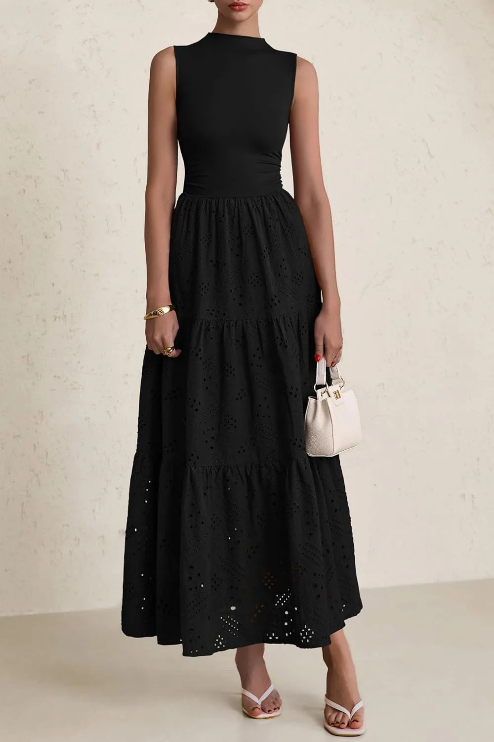 PRETTYGARDEN Summer Dresses for Women 2025 Casual Eyelet Sleeveless Wedding Guest Maxi Dress Tank Top Sundress with Pockets