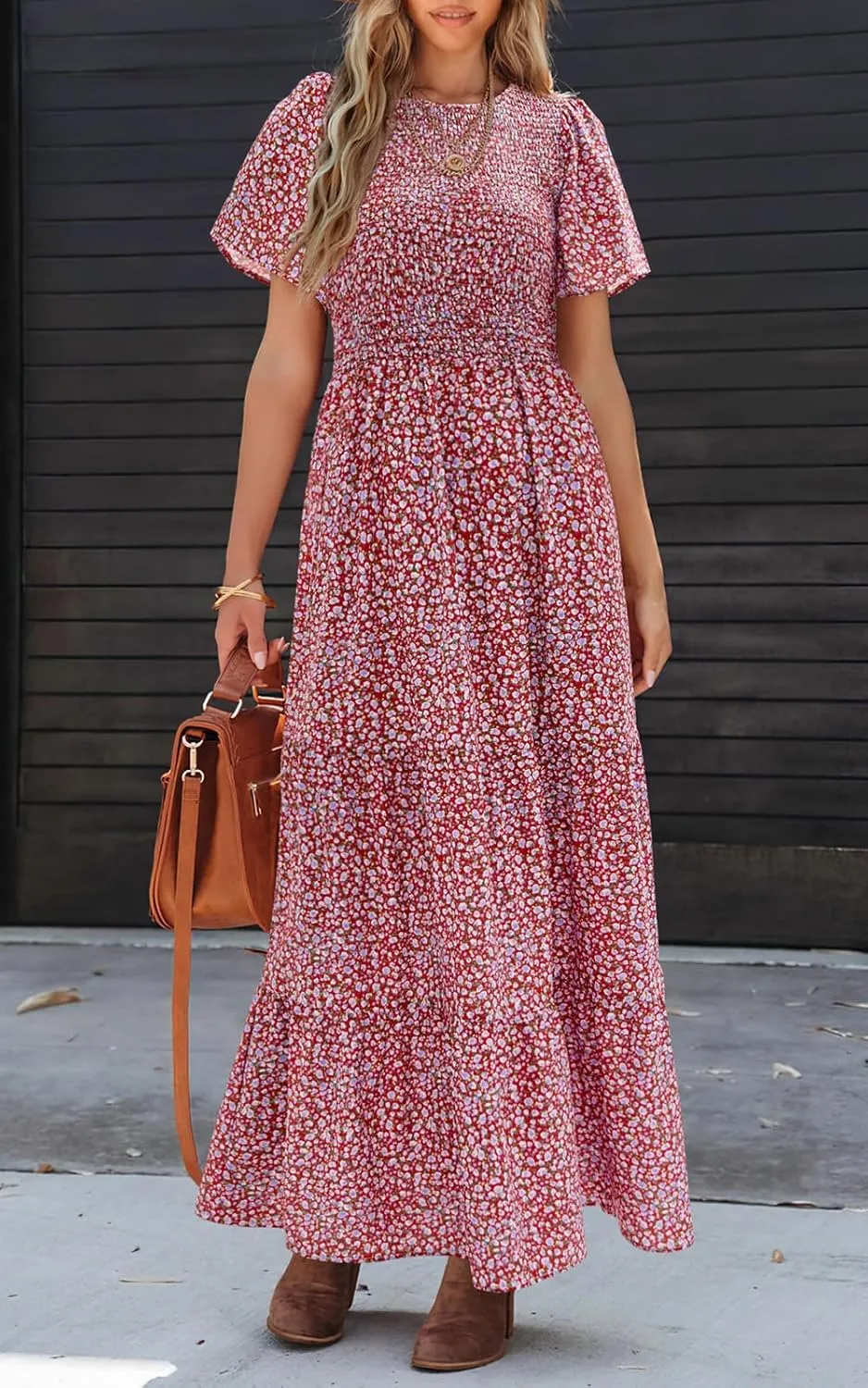 PRETTYGARDEN Women's 2025 Summer Casual Flutter Short Sleeve Boho Floral Maxi Dress Crew Neck Smocked Tiered Long Dresses