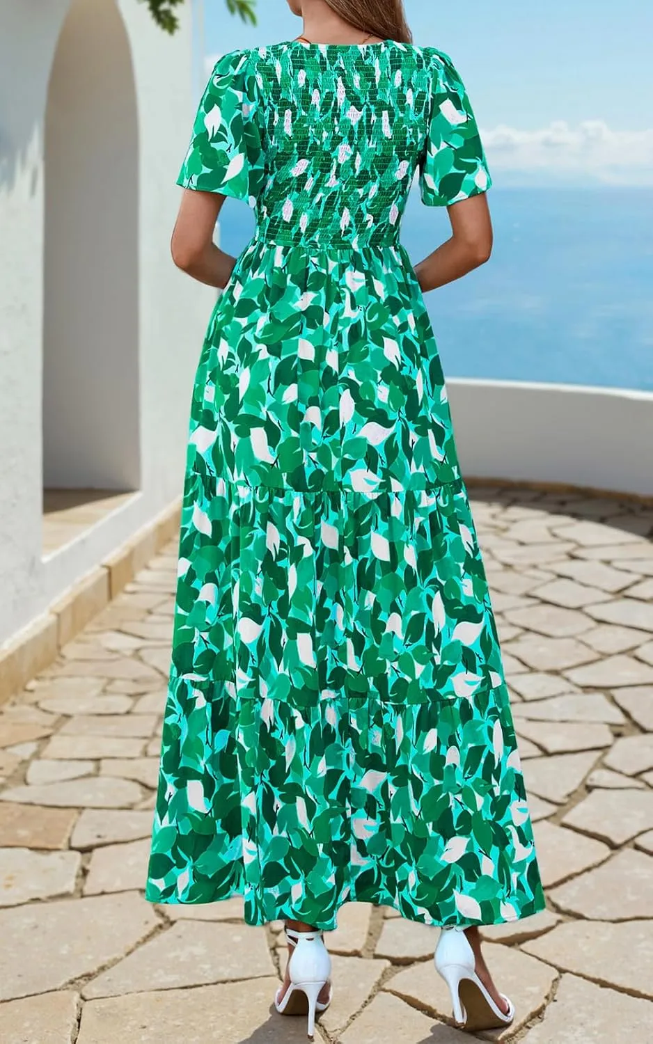 PRETTYGARDEN Women's 2025 Summer Casual Flutter Short Sleeve Boho Floral Maxi Dress Crew Neck Smocked Tiered Long Dresses