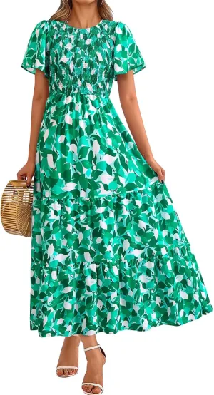 PRETTYGARDEN Women's 2025 Summer Casual Flutter Short Sleeve Boho Floral Maxi Dress Crew Neck Smocked Tiered Long Dresses