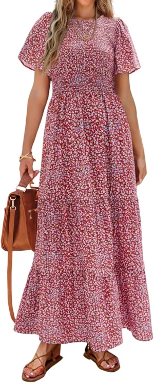 PRETTYGARDEN Women's 2025 Summer Casual Flutter Short Sleeve Boho Floral Maxi Dress Crew Neck Smocked Tiered Long Dresses