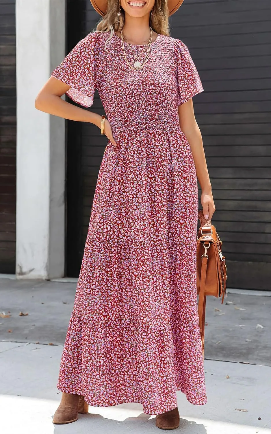 PRETTYGARDEN Women's 2025 Summer Casual Flutter Short Sleeve Boho Floral Maxi Dress Crew Neck Smocked Tiered Long Dresses