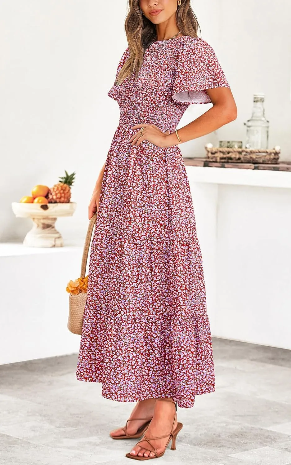 PRETTYGARDEN Women's 2025 Summer Casual Flutter Short Sleeve Boho Floral Maxi Dress Crew Neck Smocked Tiered Long Dresses