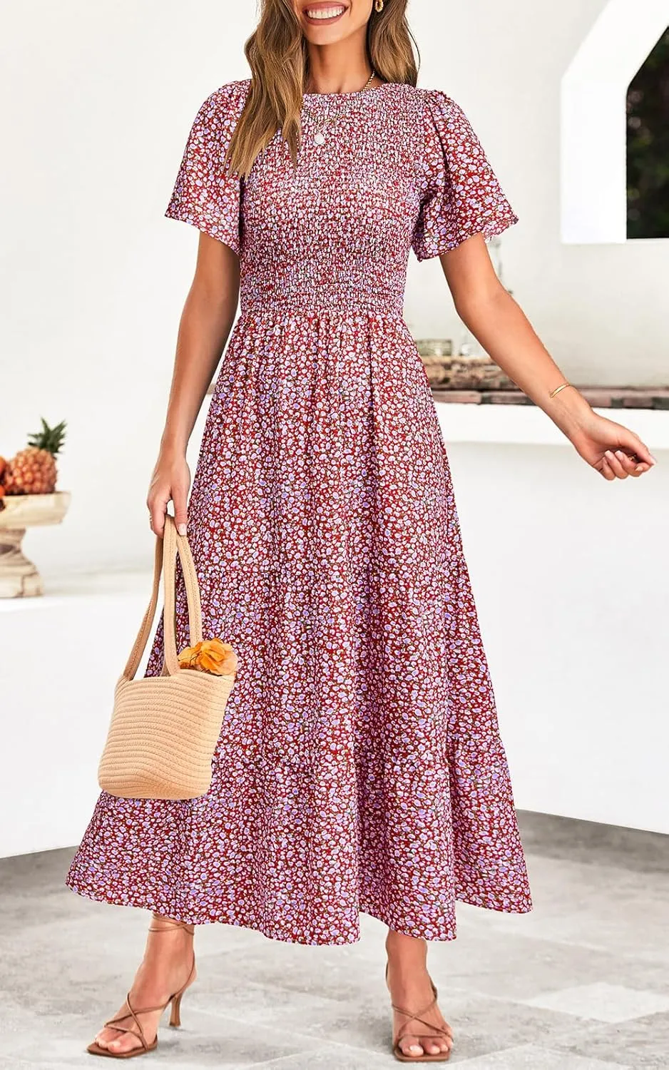PRETTYGARDEN Women's 2025 Summer Casual Flutter Short Sleeve Boho Floral Maxi Dress Crew Neck Smocked Tiered Long Dresses