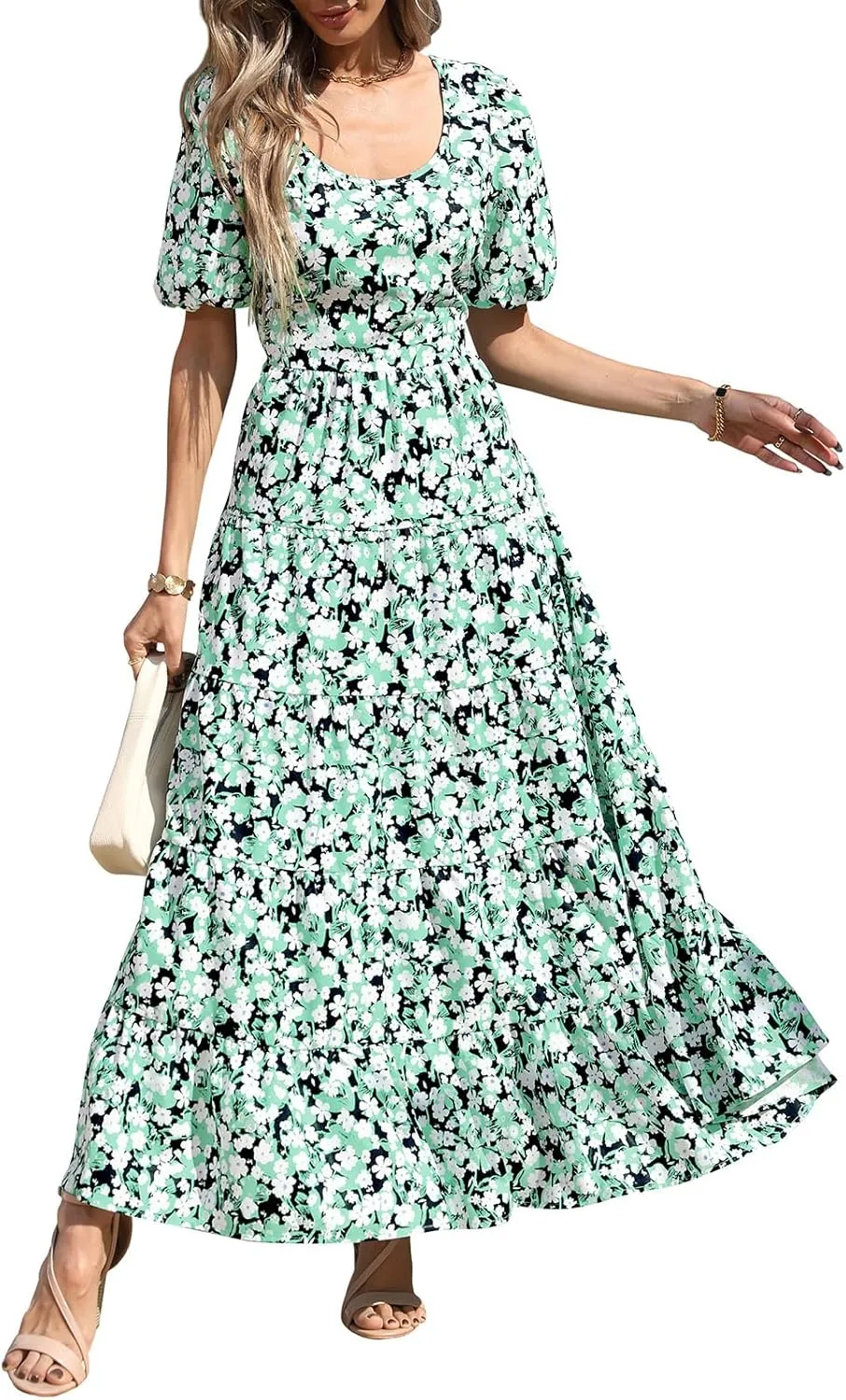 PRETTYGARDEN Womens Dresses 2025 Puff Sleeve Floral Casual Summer Dress Smocked Back Beach Flowy Tiered Maxi Sundress