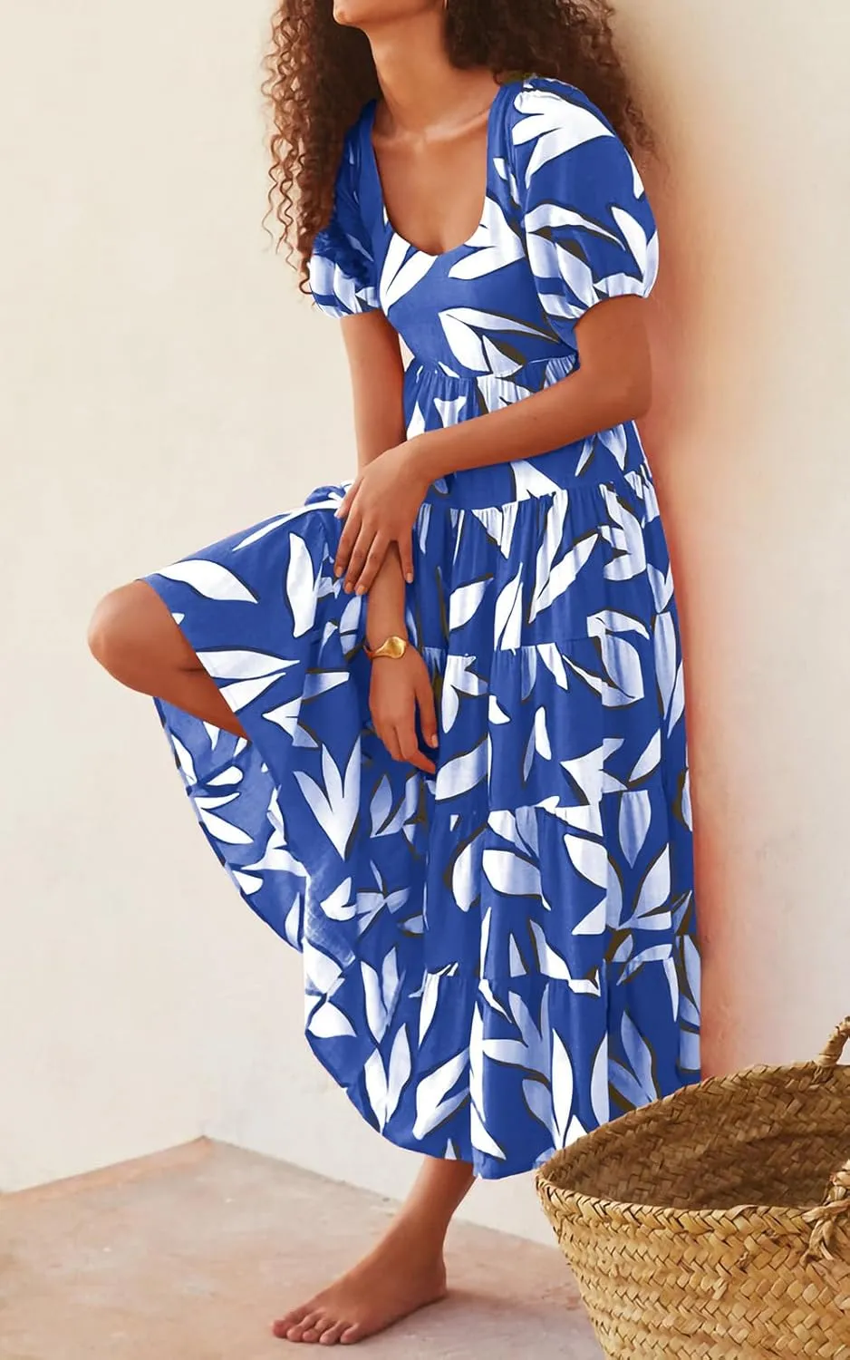 PRETTYGARDEN Womens Dresses 2025 Puff Sleeve Floral Casual Summer Dress Smocked Back Beach Flowy Tiered Maxi Sundress
