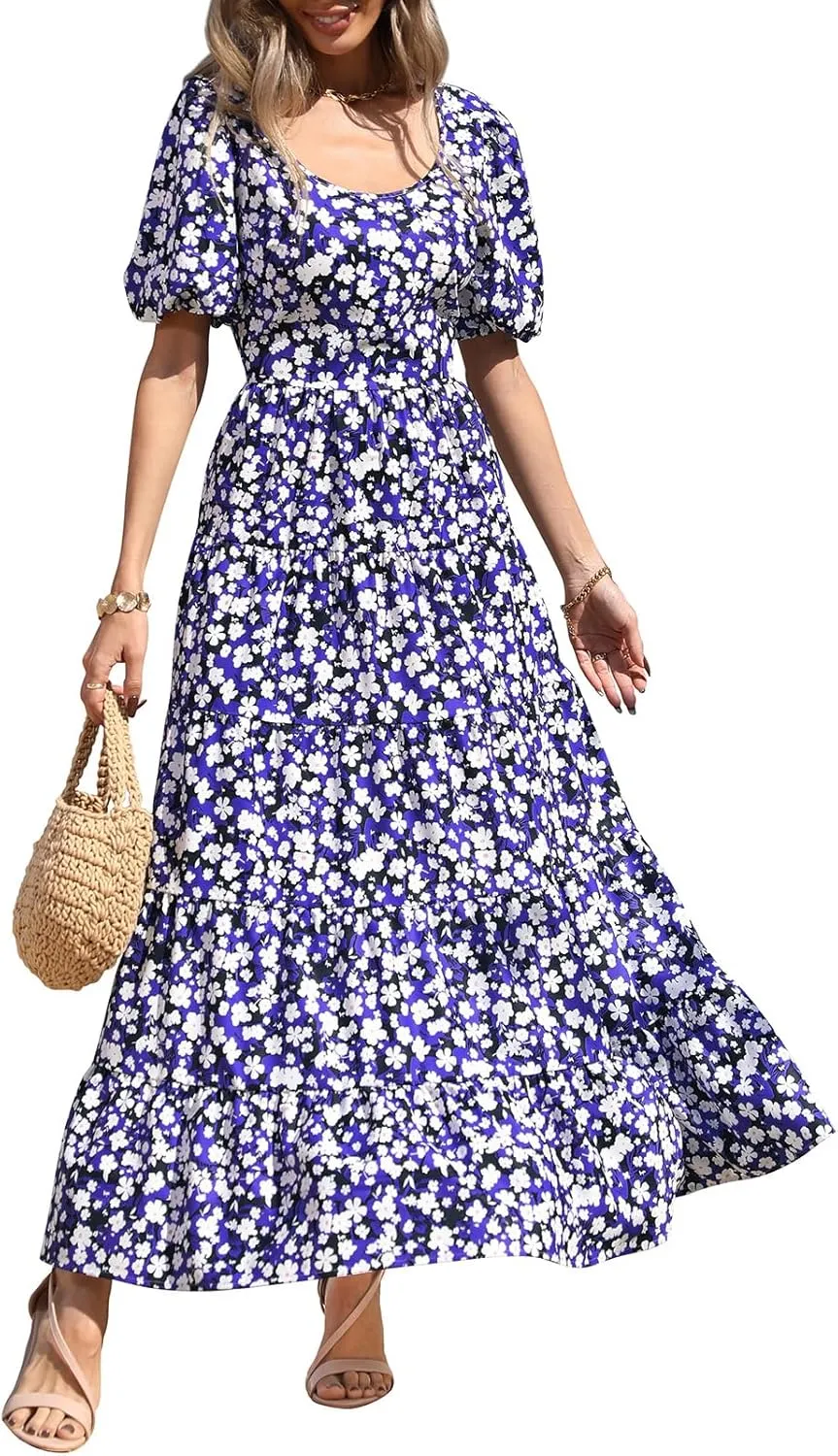 PRETTYGARDEN Womens Dresses 2025 Puff Sleeve Floral Casual Summer Dress Smocked Back Beach Flowy Tiered Maxi Sundress