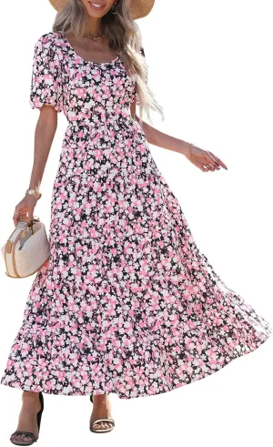 PRETTYGARDEN Womens Dresses 2025 Puff Sleeve Floral Casual Summer Dress Smocked Back Beach Flowy Tiered Maxi Sundress