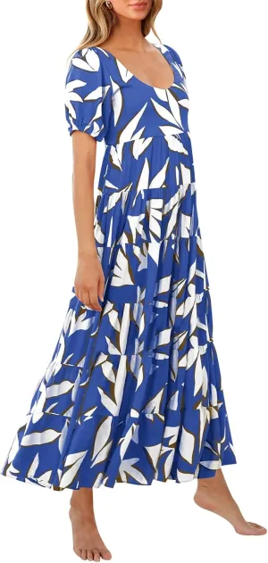 PRETTYGARDEN Womens Dresses 2025 Puff Sleeve Floral Casual Summer Dress Smocked Back Beach Flowy Tiered Maxi Sundress
