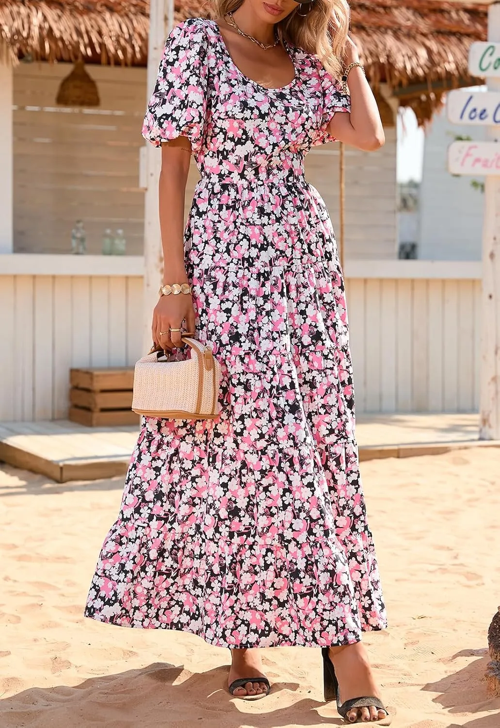 PRETTYGARDEN Womens Dresses 2025 Puff Sleeve Floral Casual Summer Dress Smocked Back Beach Flowy Tiered Maxi Sundress