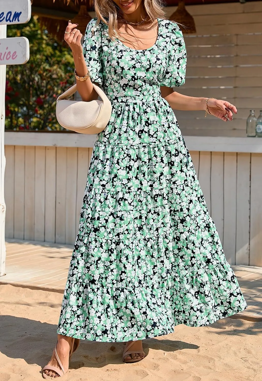 PRETTYGARDEN Womens Dresses 2025 Puff Sleeve Floral Casual Summer Dress Smocked Back Beach Flowy Tiered Maxi Sundress