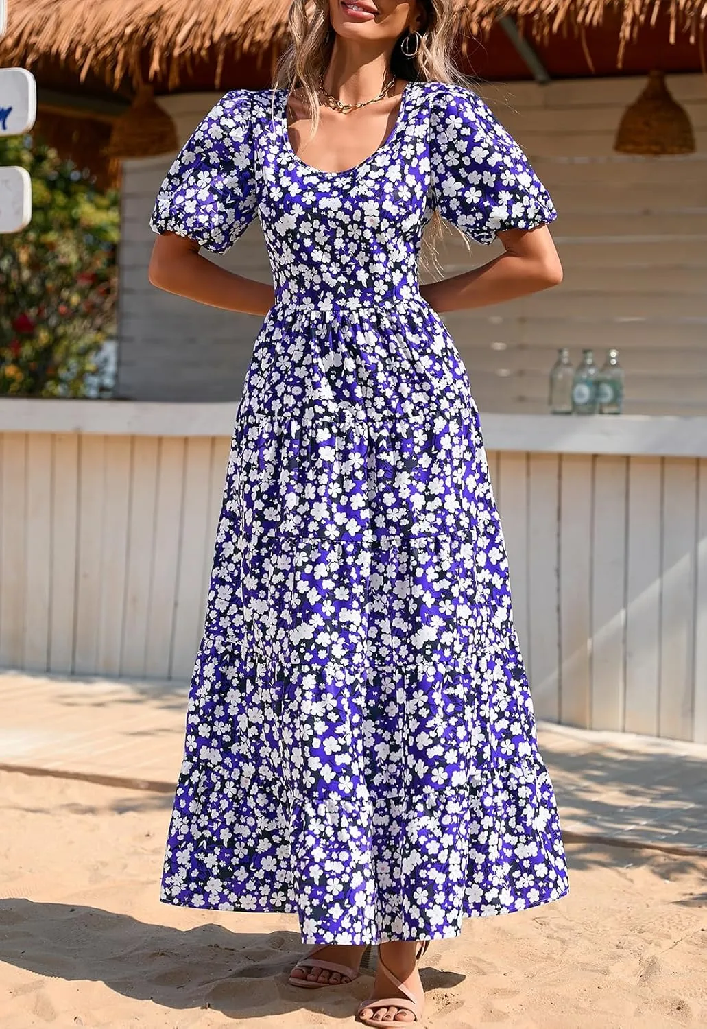 PRETTYGARDEN Womens Dresses 2025 Puff Sleeve Floral Casual Summer Dress Smocked Back Beach Flowy Tiered Maxi Sundress