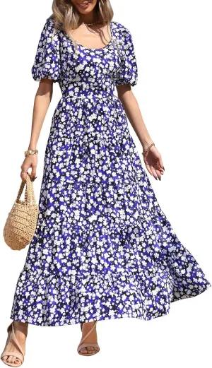 PRETTYGARDEN Womens Dresses 2025 Puff Sleeve Floral Casual Summer Dress Smocked Back Beach Flowy Tiered Maxi Sundress