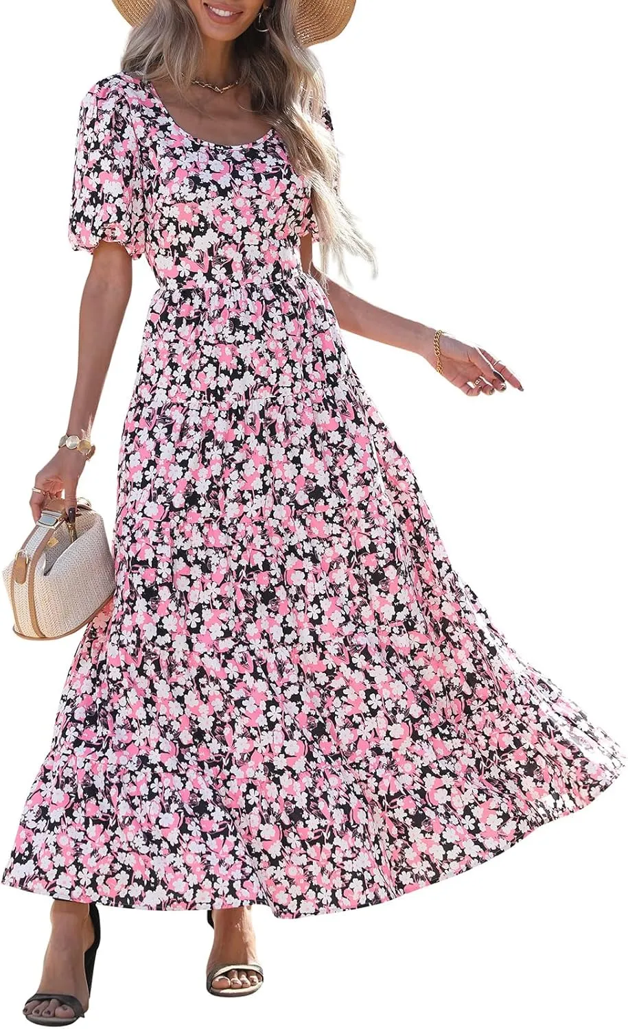 PRETTYGARDEN Womens Dresses 2025 Puff Sleeve Floral Casual Summer Dress Smocked Back Beach Flowy Tiered Maxi Sundress